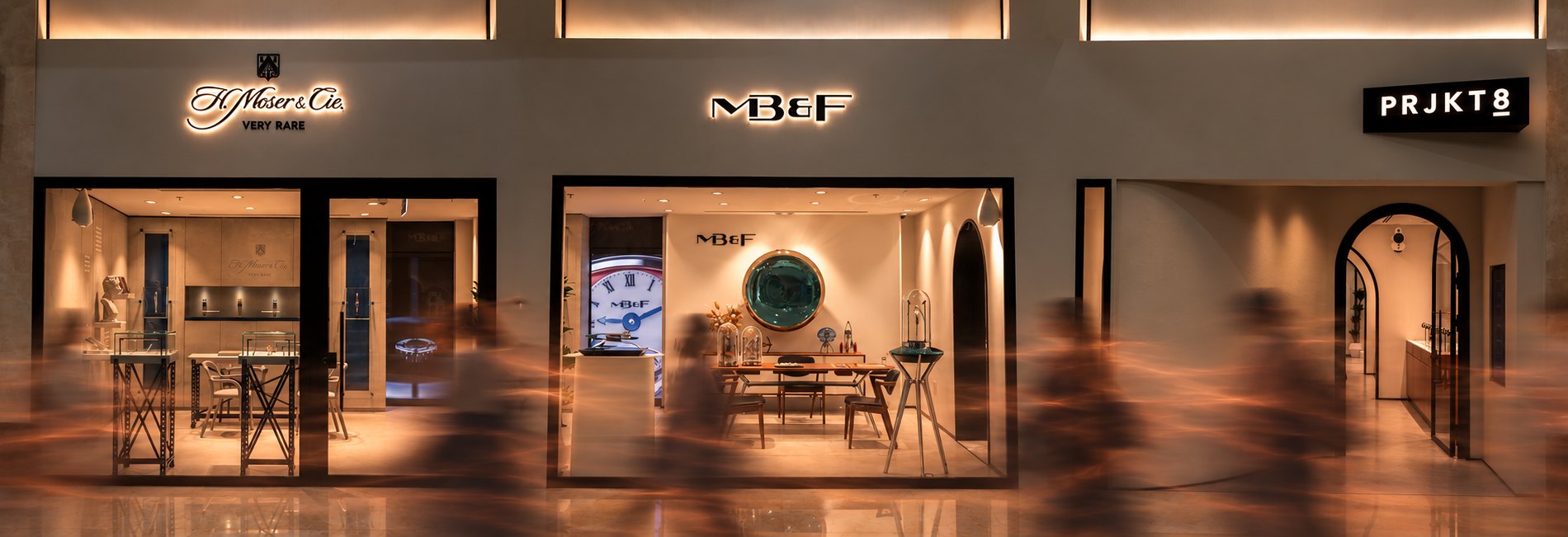 The H. Moser & Cie., MB&F and PRJKT8 shopfronts at Moda Mall